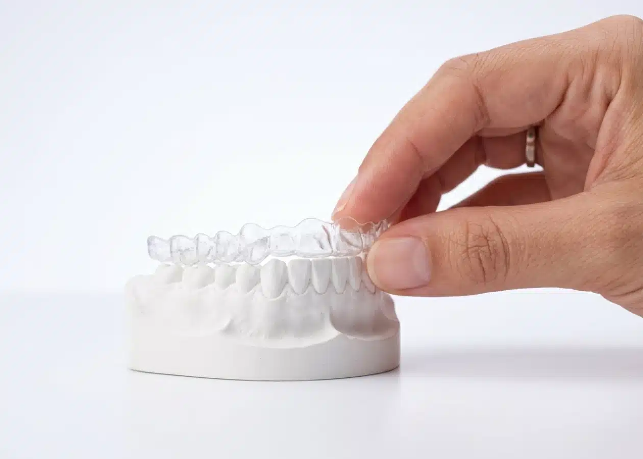 Placa de alinhador invisível transparente sendo encaixada sobre modelo de arcada dentária