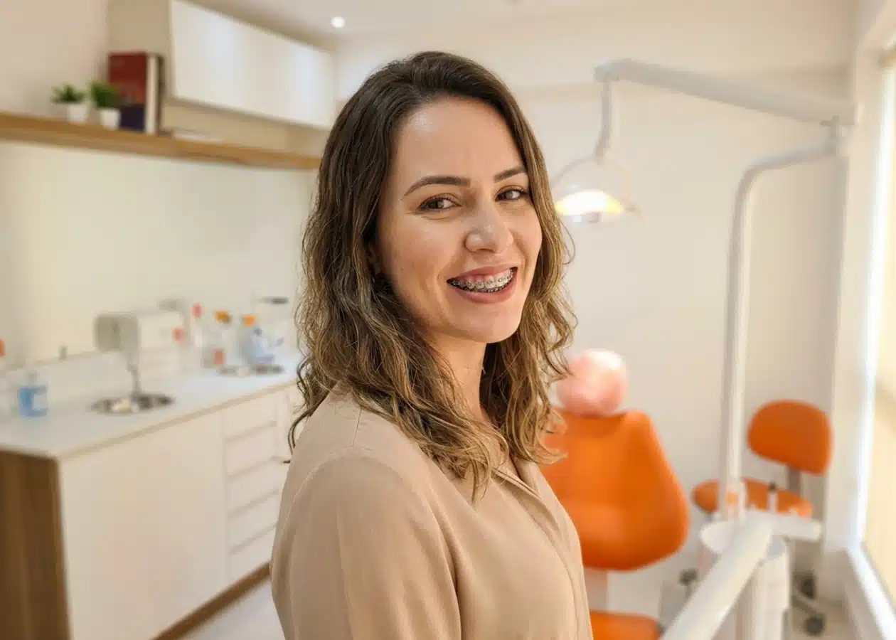 Paciente adulta sorrindo com aparelho fixo ortodôntico metálico no consultório da DENT+