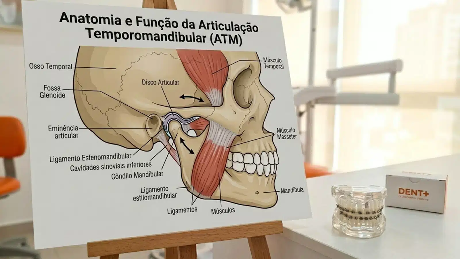 Ilustração da articulação temporomandibular (ATM) mostrando a ligação do maxilar com o crânio