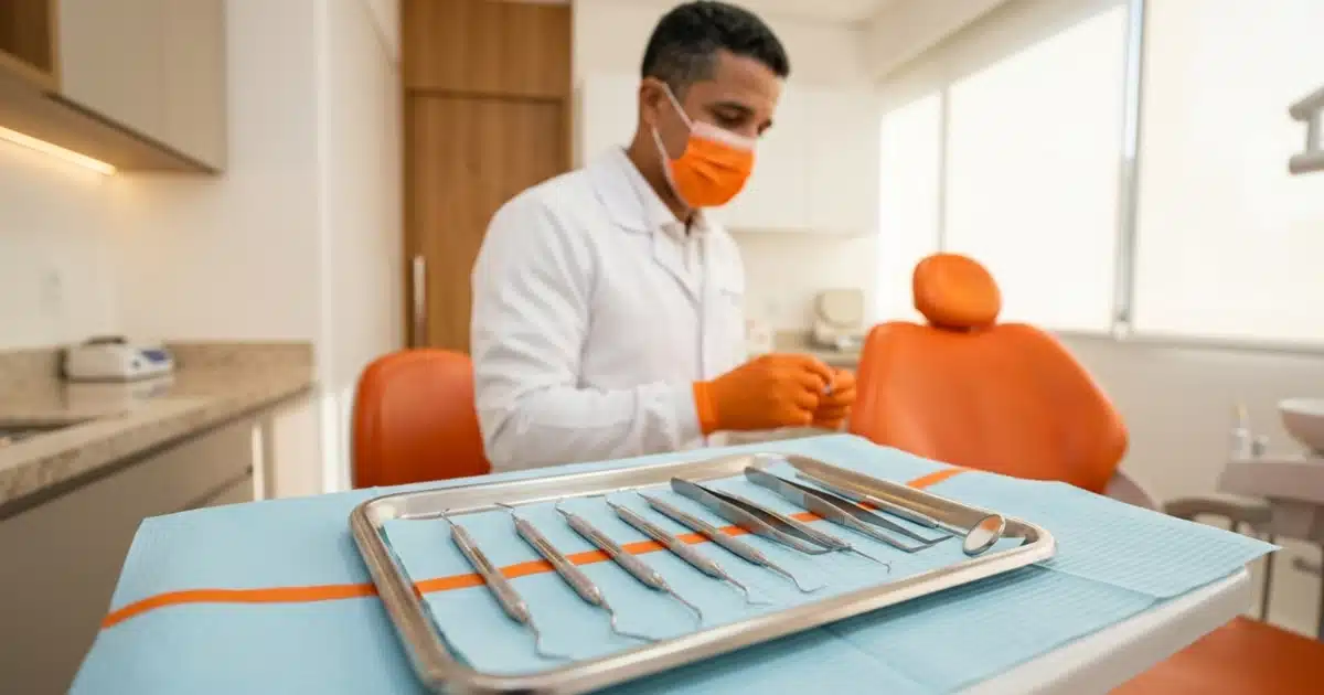 Instrumentais estéreis preparados para cirurgia de aumento de coroa clínica na DENT+