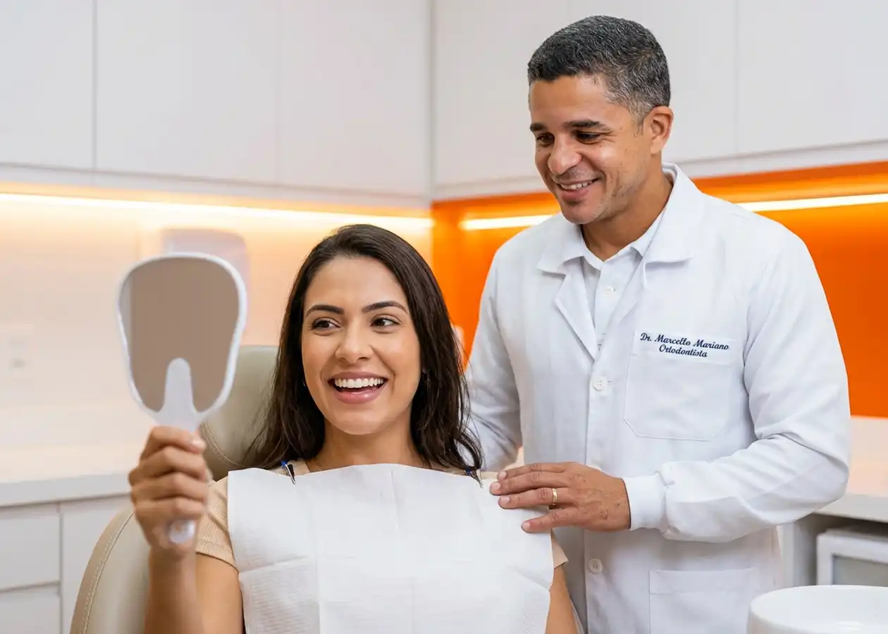 Paciente sorrindo ao se ver no espelho ao lado do Dr. Marcello Mariano em consulta de avaliação para clareamento dental na DENT+ Niterói