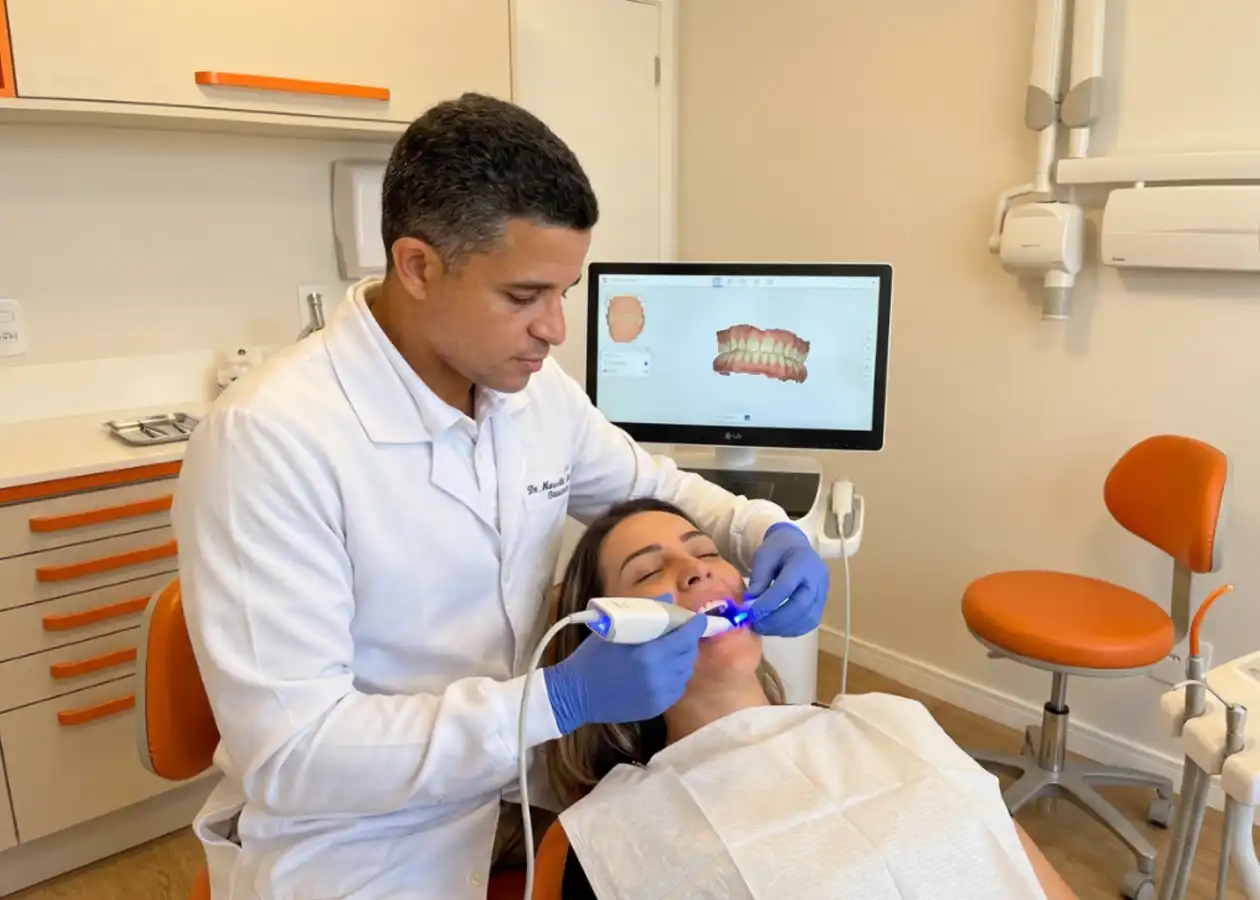 Escaneamento 3D intraoral com Dr. Marcello Mariano para planejamento do clareamento dental na DENT+ Niterói