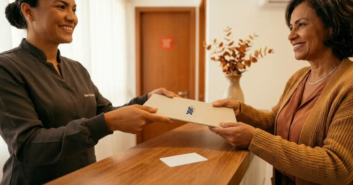 Laudo com CID, recibo e documentos de implante dentário organizados para o convênio na DENT+