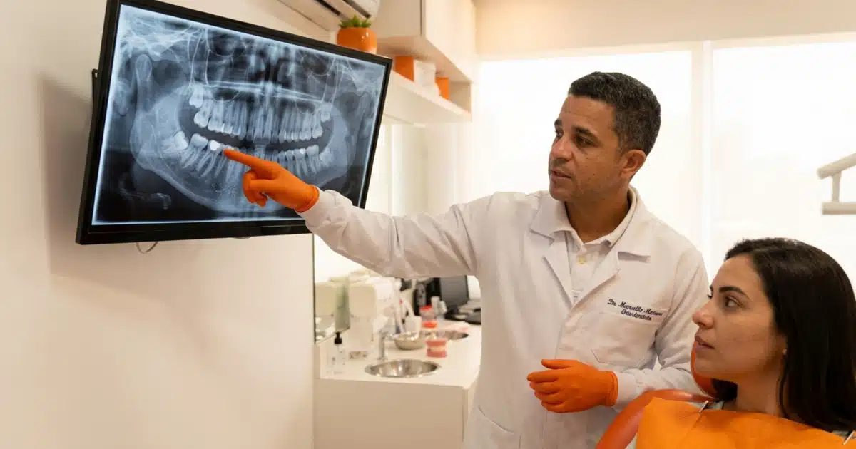 Dentista analisando radiografia panorâmica antes da cirurgia de siso na DENT+
