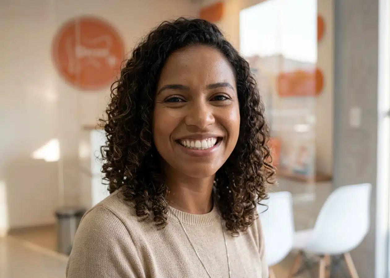 Paciente sorrindo confiante após clareamento dental profissional na recepção da DENT+ Niterói