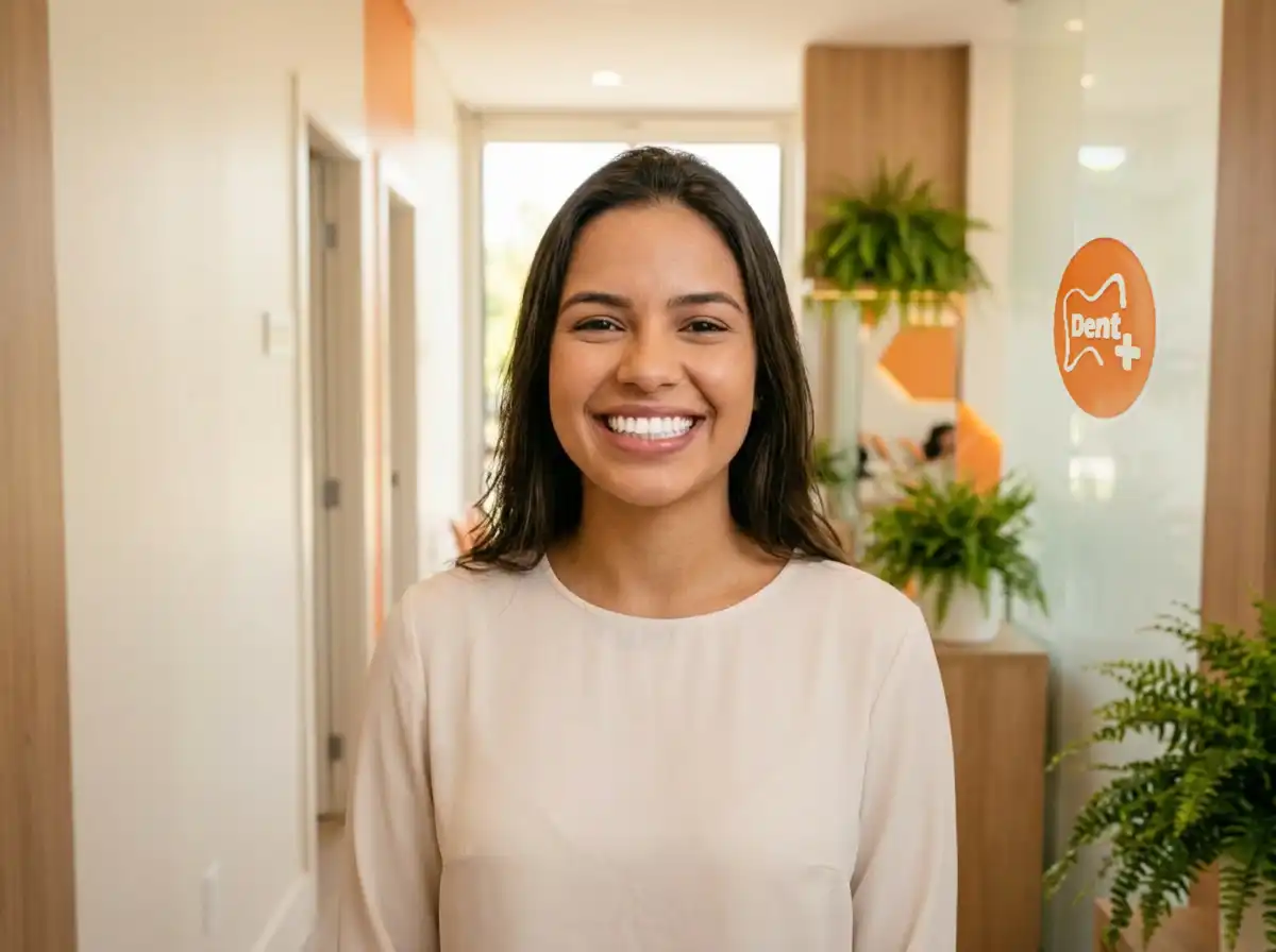 Paciente sorrindo após sessão de clareamento dental na clínica DENT+ em Niterói