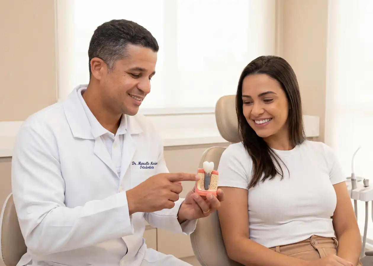 Dr. Marcello Mariano mostrando modelo didático de implante dentário para paciente em consulta de avaliação na DENT+ Niterói