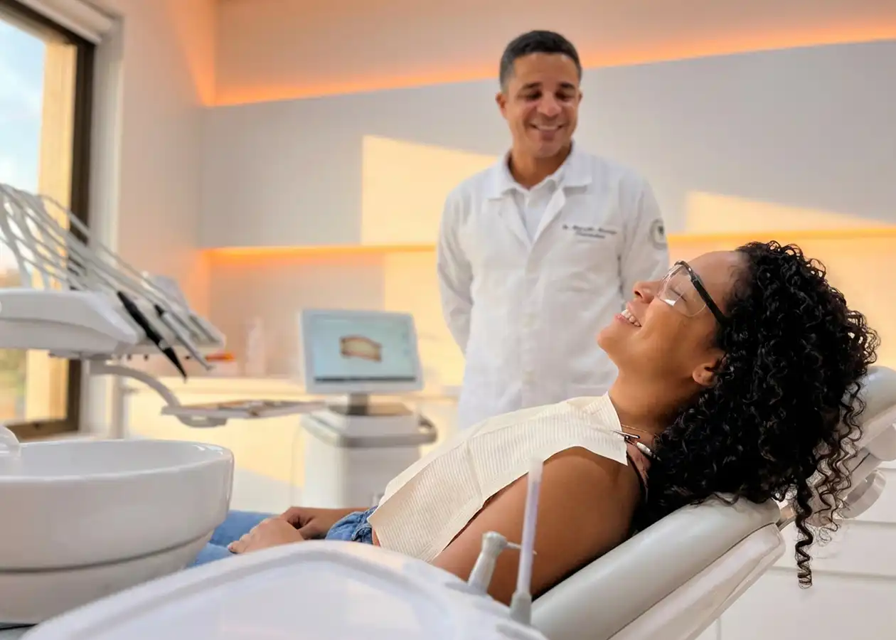 Paciente sorrindo em consulta de avaliação ortodôntica com Dr. Marcello Mariano na DENT+ Niterói, com planejamento 3D na tela ao fundo