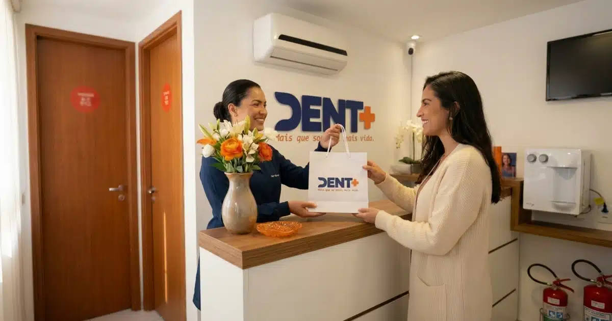Recepção da DENT+ conferindo a carteirinha Unna Odonto de um paciente