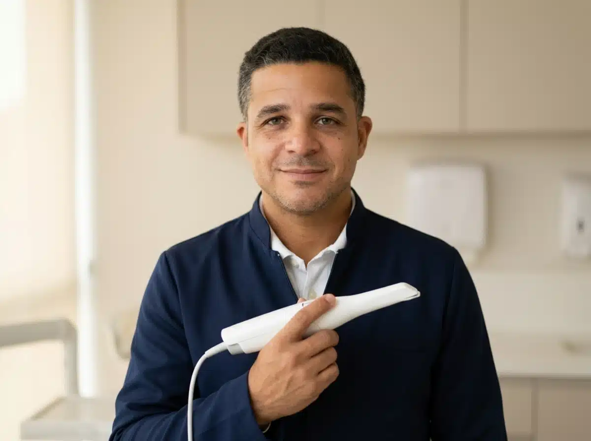 Dr. Marcello Mariano segurando o scanner intraoral 3D iTero na clínica DENT+