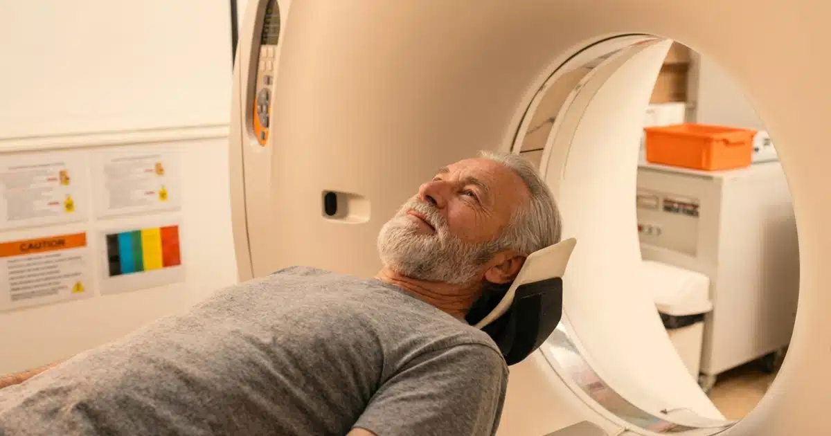 Paciente entrando em equipamento de ressonância magnética com aviso de implante dentário registrado no questionário