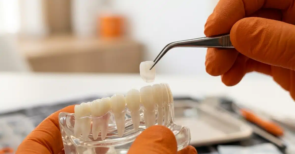 Aplicação de faceta de porcelana na DENT+: prova da lâmina cerâmica no dente da paciente