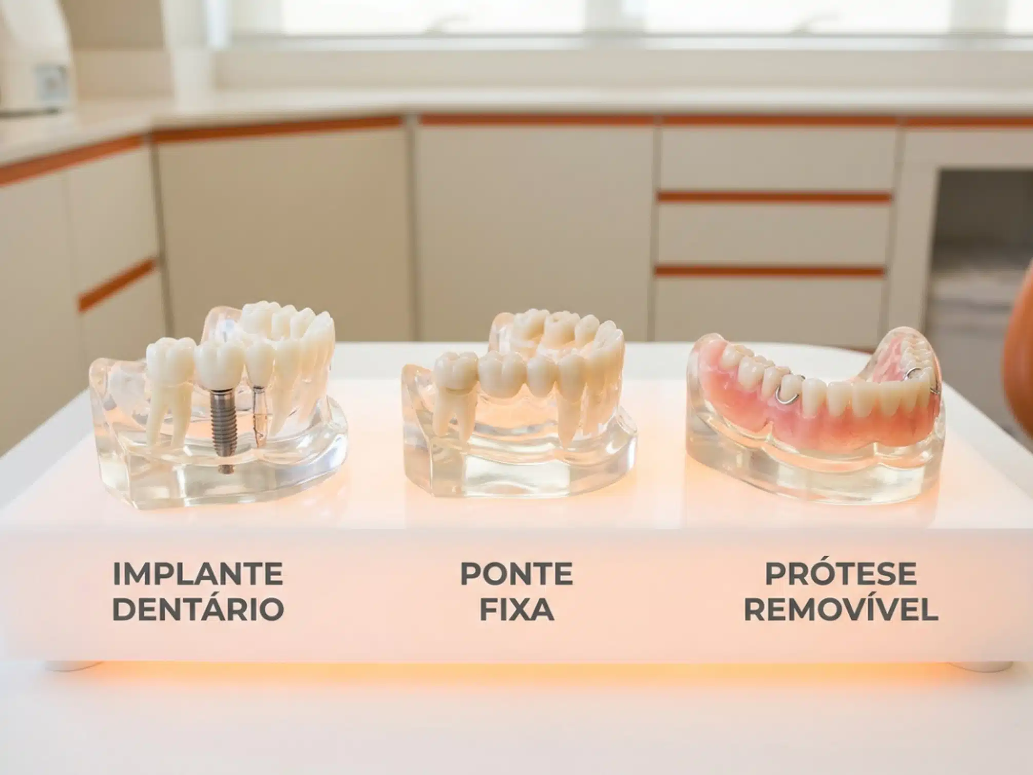 Comparação visual entre implante dentário, ponte fixa e prótese removível em modelos didáticos