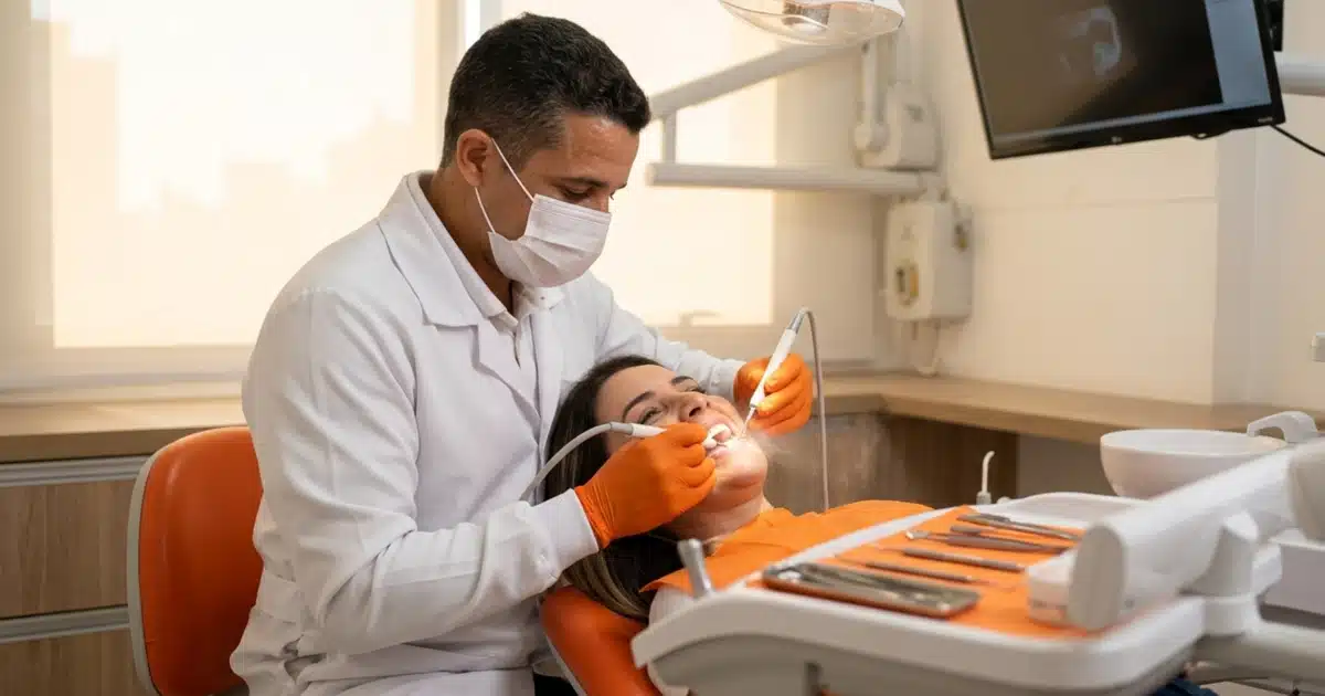 Limpeza dental profissional com ultrassom removendo tártaro na DENT+