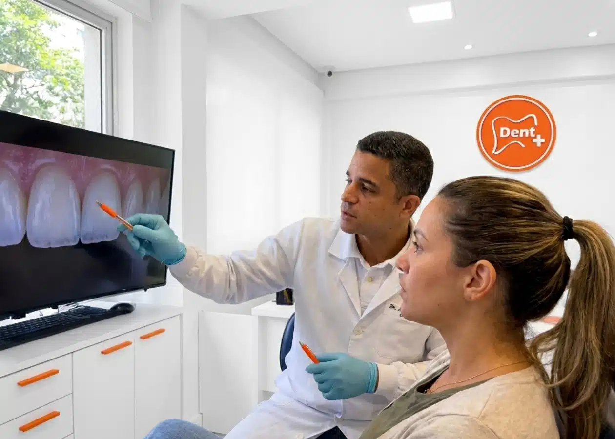 Dr. Marcello Mariano apontando foto intraoral na tela durante consulta de manutenção de lentes de contato dental na DENT+ Niterói