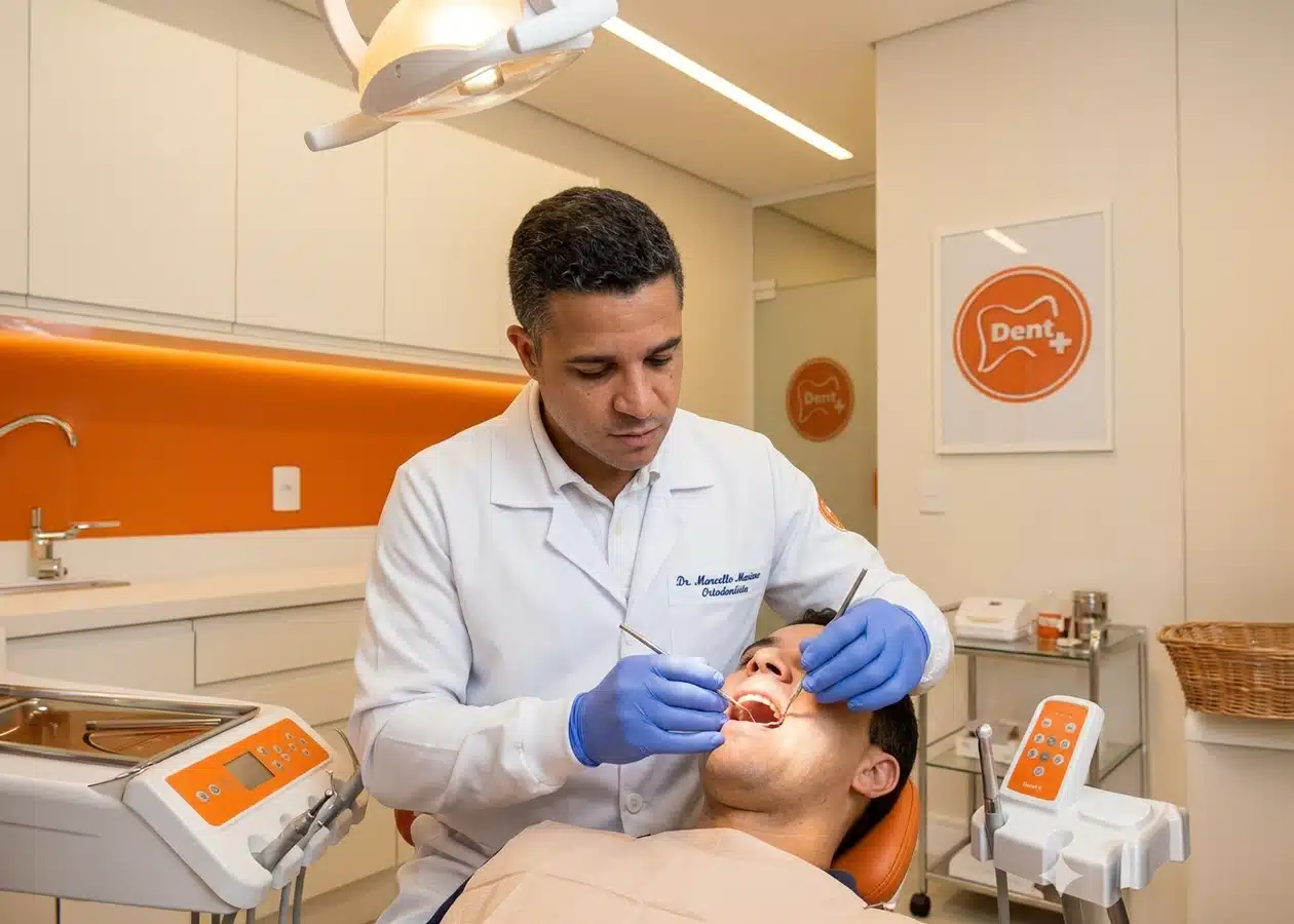 Dr. Marcello Mariano atendendo paciente em consulta de urgência após queda de dente, na DENT+