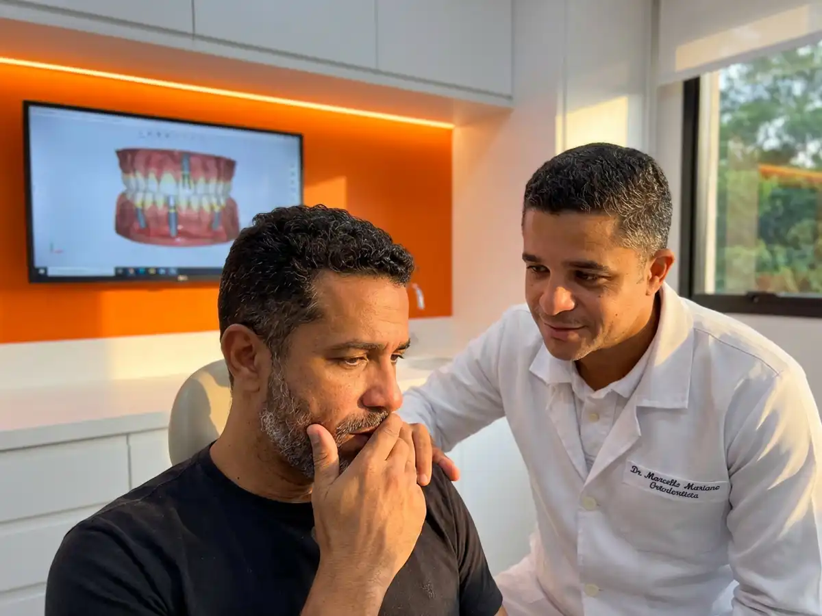 Dr. Marcello Mariano conversando com paciente sobre tratamento de implante dentário, com planejamento 3D da arcada na tela ao fundo, na DENT+