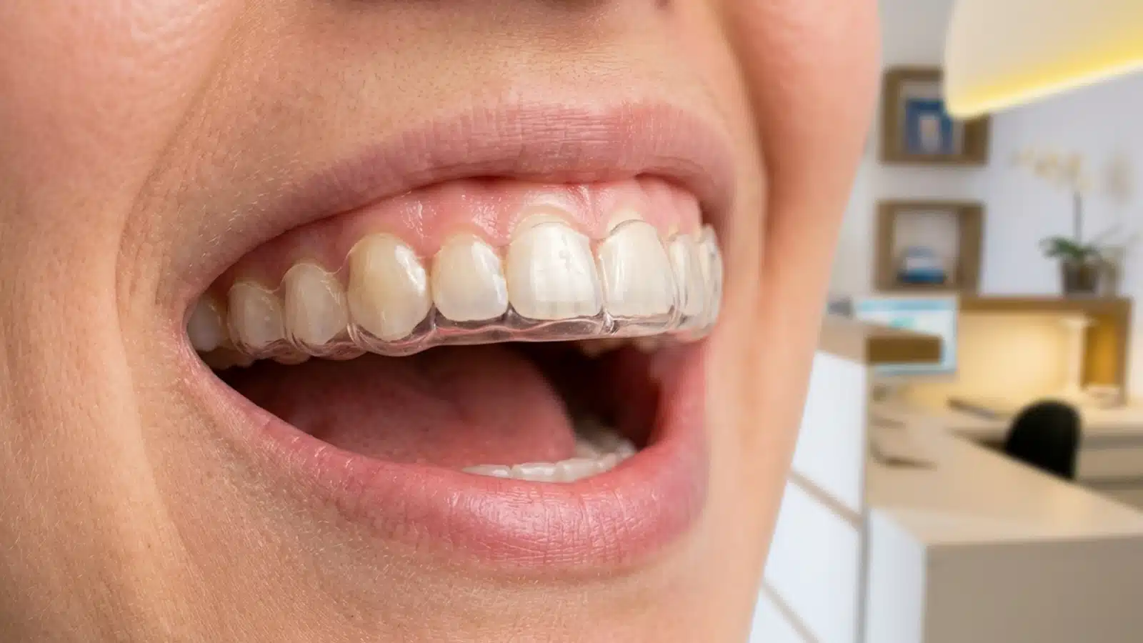 Placa miorrelaxante transparente sobre os dentes usada no tratamento de bruxismo e dor na ATM