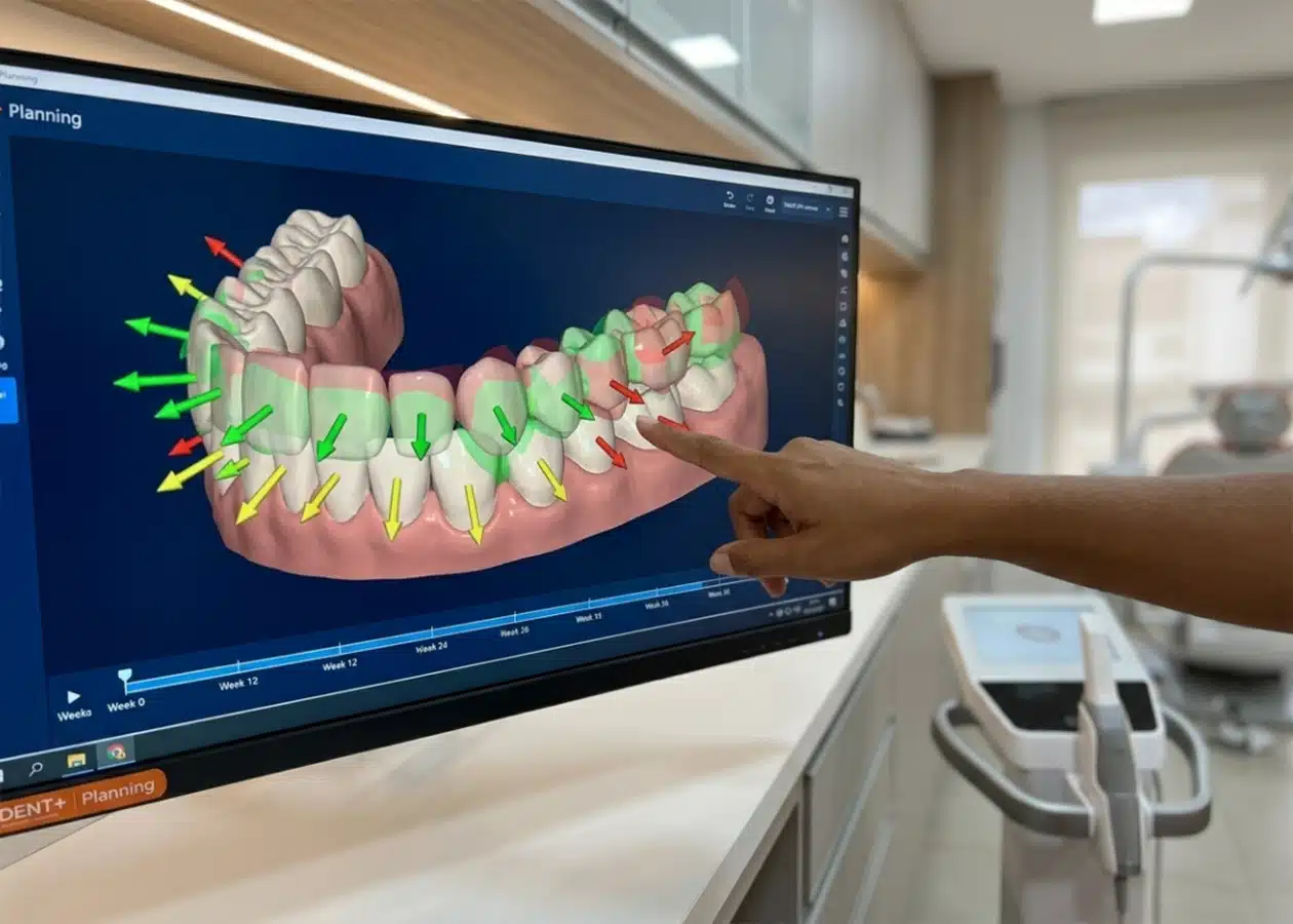 Planejamento ortodôntico digital em tela da DENT+ mostrando movimentação prevista de cada dente com setas coloridas