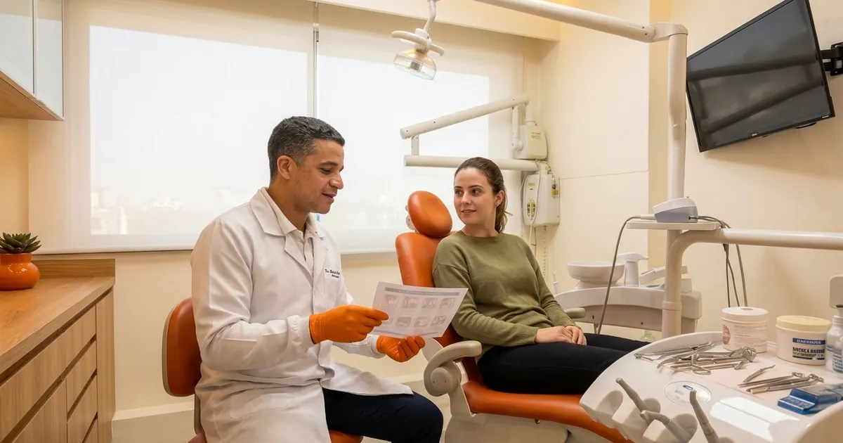 Dentista explicando à paciente os cuidados de repouso e alimentação depois da extração de siso na DENT+ Niterói e São Gonçalo