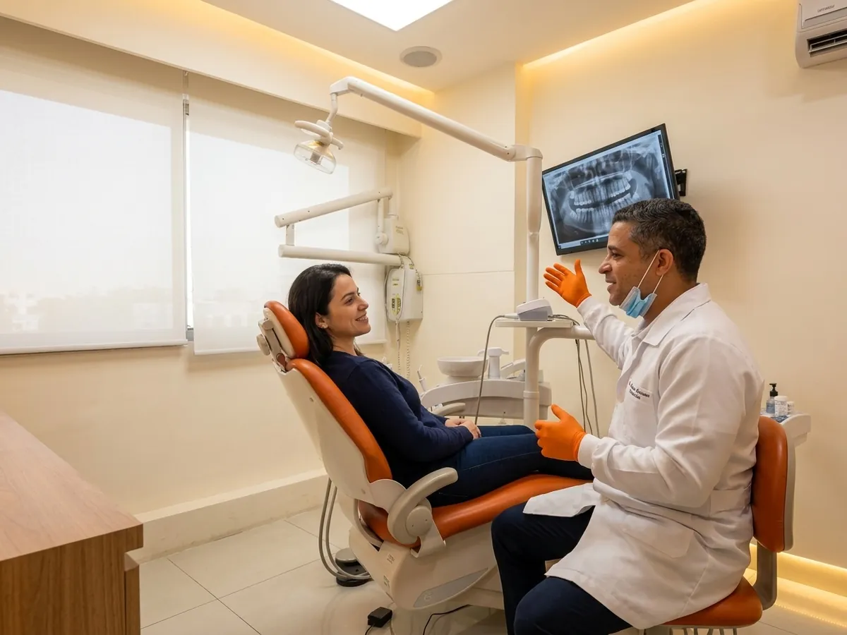 Dentista conversando com paciente na consulta de revisão após extração de siso na DENT+