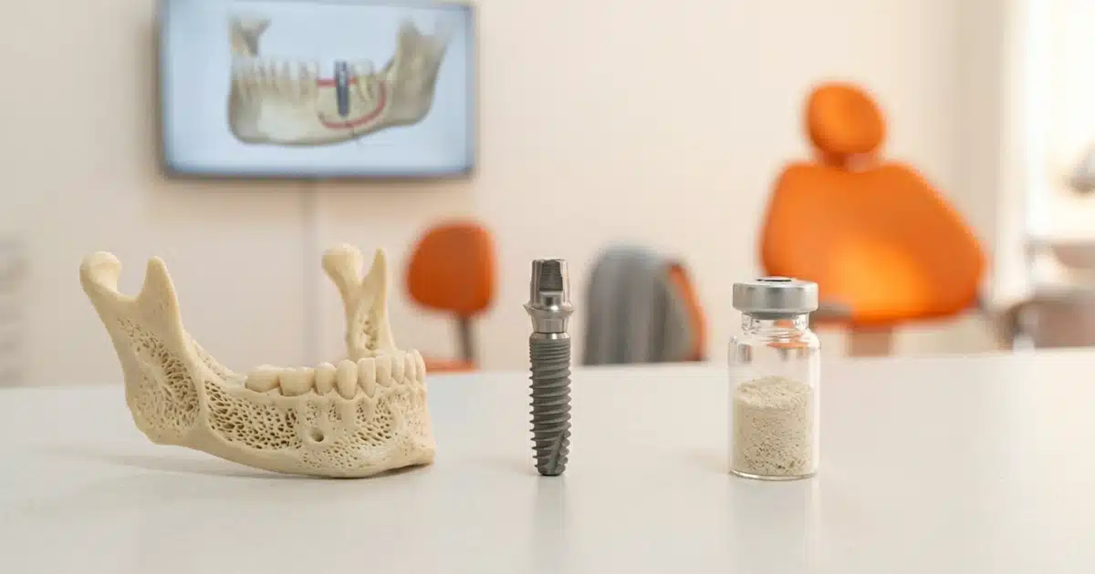 Modelo de mandíbula, implante de titânio e frasco de material de enxerto ósseo sobre bancada da DENT+
