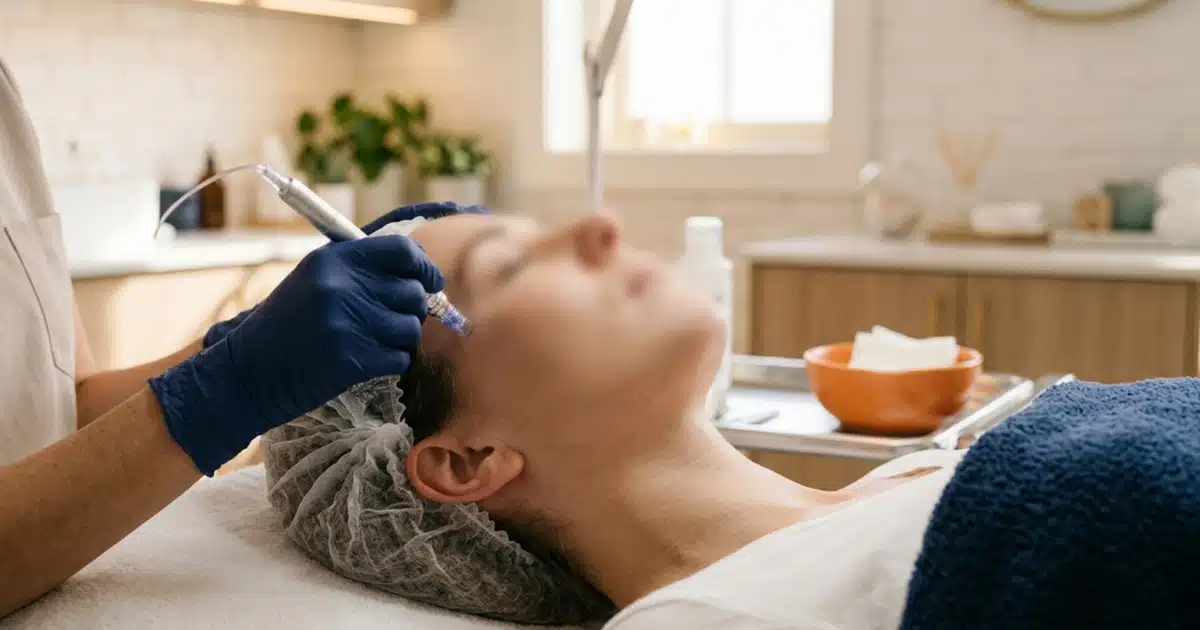 Procedimento de harmonização orofacial sendo realizado em ambiente clínico
