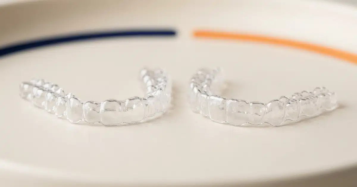 Dois alinhadores invisíveis transparentes lado a lado — comparação entre Invisalign e SureSmile na DENT+