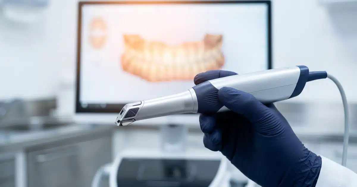 Scanner 3D intraoral em uso na DENT+, com a arcada dentária digitalizada na tela ao fundo