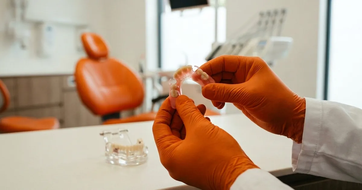 Dentista segurando prótese flexível sem grampo metálico na DENT+ Niterói e São Gonçalo