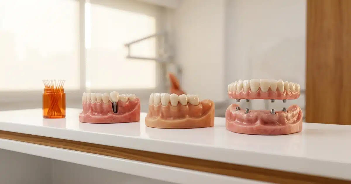 Tipos de prótese sobre implante: coroa unitária, ponte, protocolo fixo e overdenture na DENT+