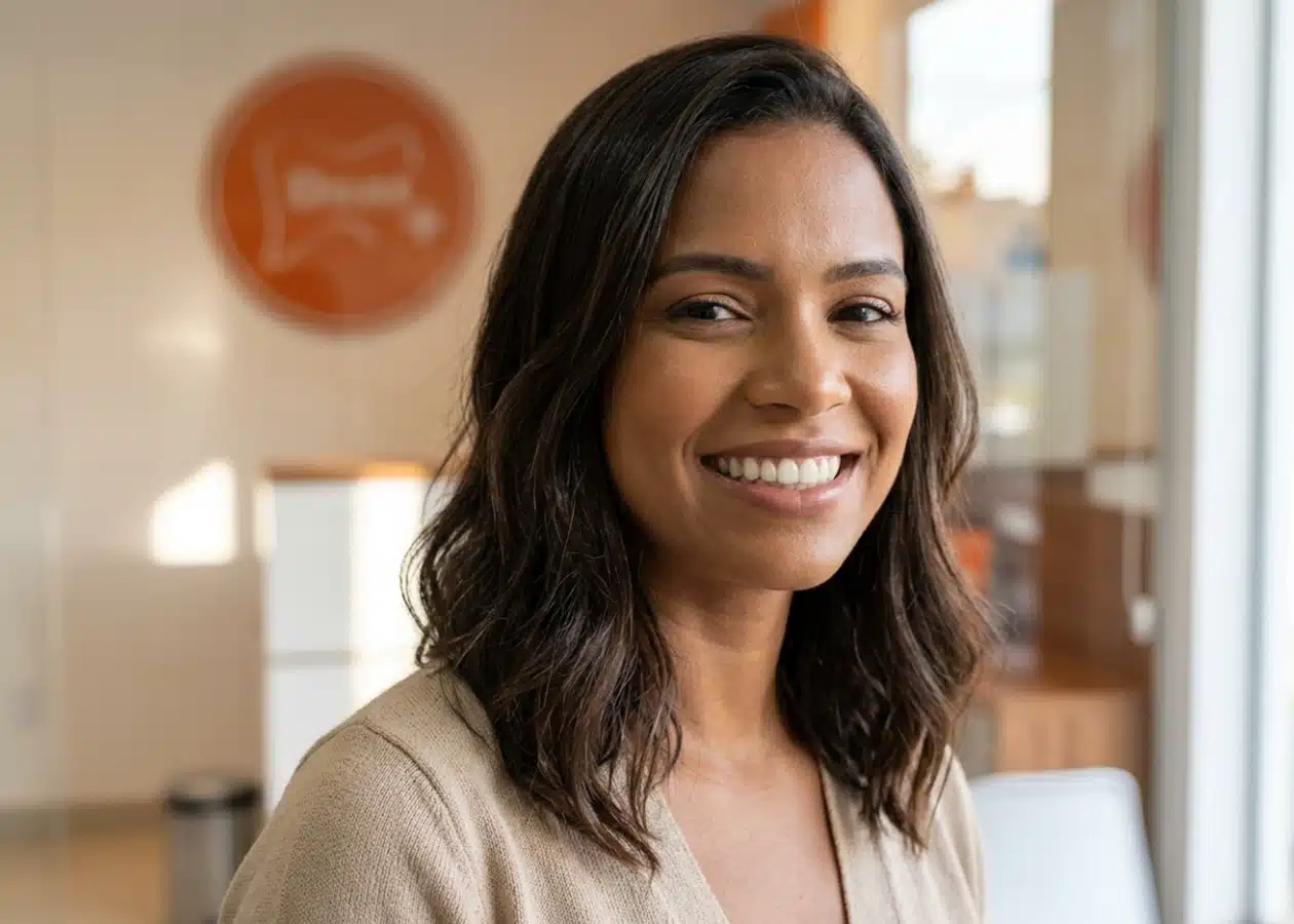 Paciente sorrindo com sorriso harmônico após aplicação de lentes de contato dental na DENT+ Niterói