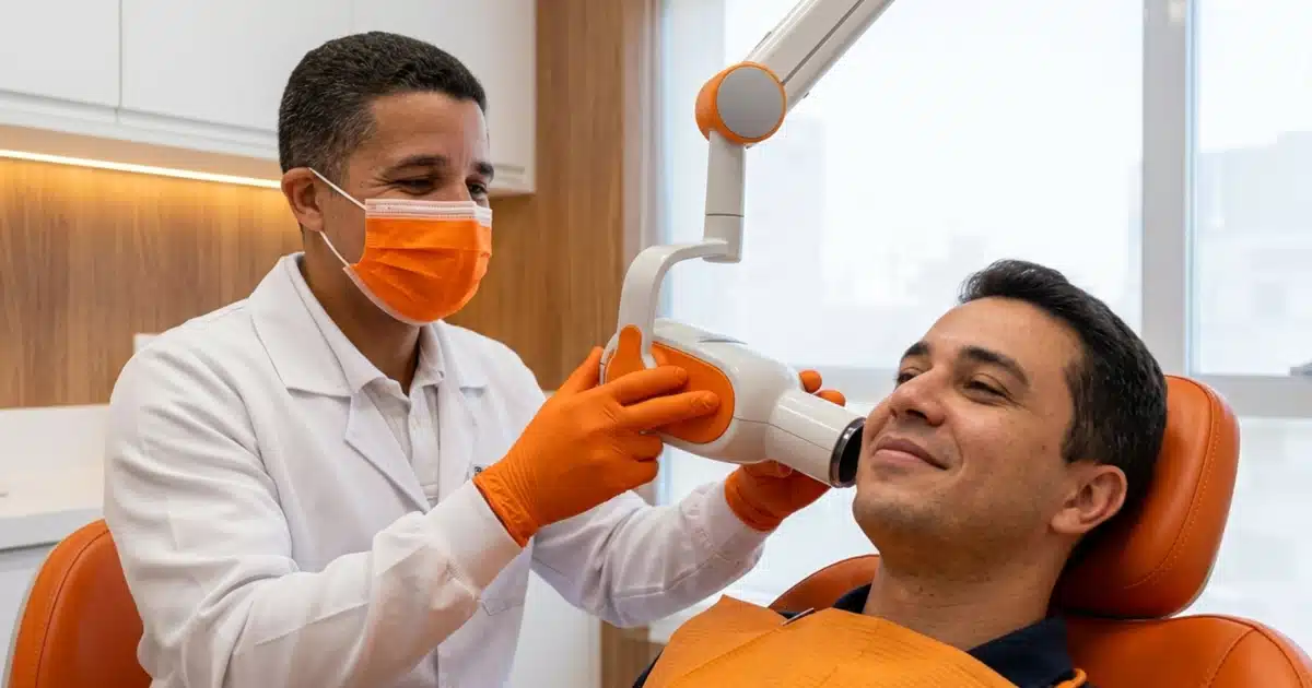 Raio-x portátil em uso no consultório da DENT+ Niterói e São Gonçalo
