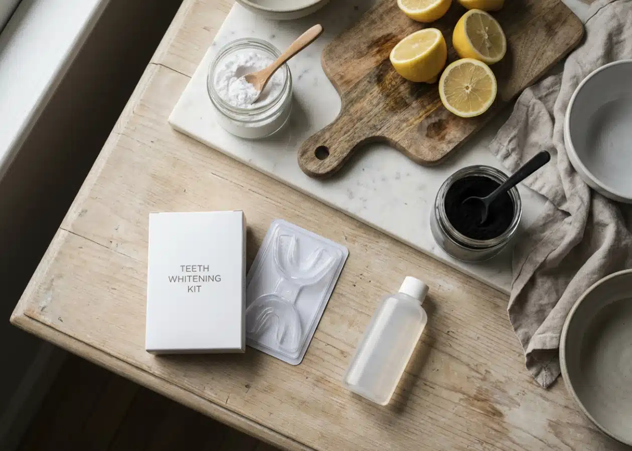 Mesa com bicarbonato de sódio, limão cortado, carvão ativado e kit clareador genérico representando métodos caseiros não recomendados