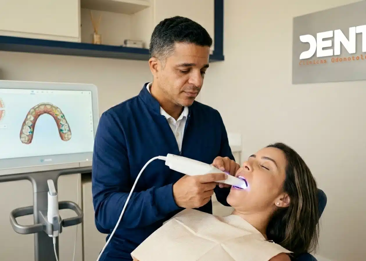 Dentista usando scanner 3D intraoral para avaliar a mordida de paciente na DENT+ São Gonçalo