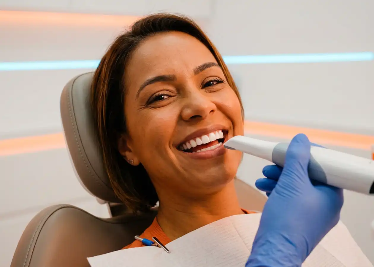 Paciente sorrindo durante escaneamento intraoral 3D para planejamento do implante dentário na DENT+