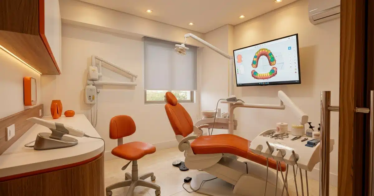 Consultório da DENT+ com scanner intraoral, raio-x digital e cadeira moderna