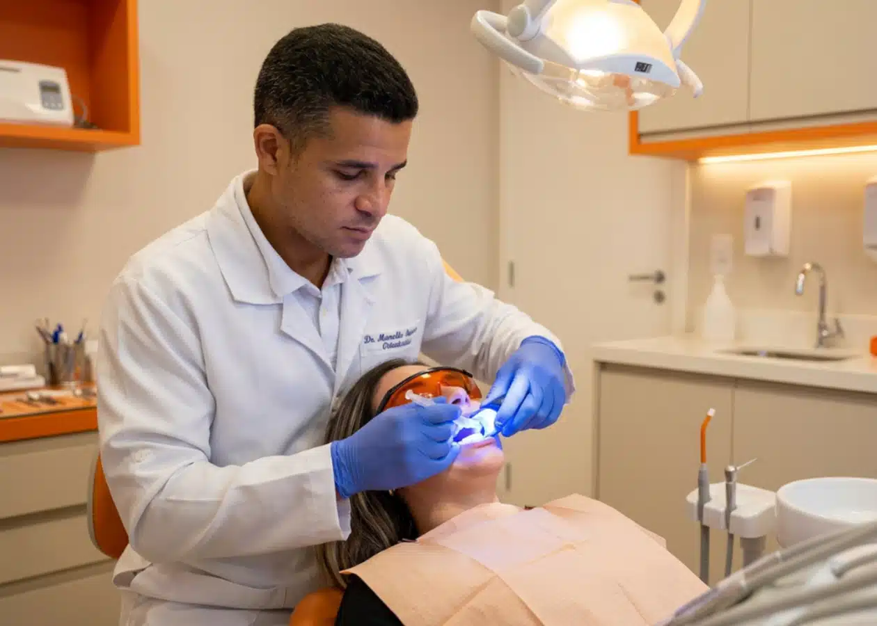 Dr. Marcello Mariano realizando clareamento dental na DENT+