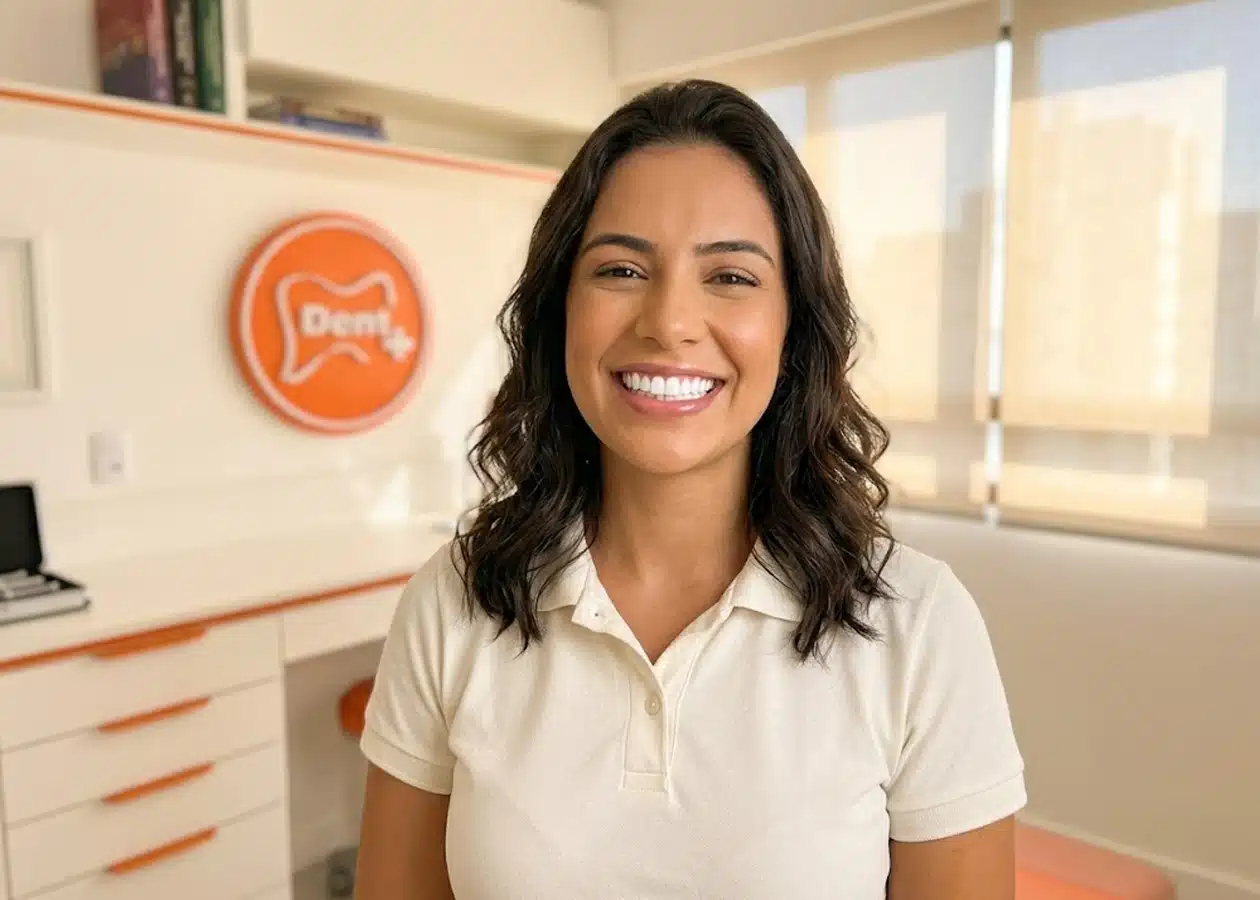 Paciente sorrindo após clareamento dental na DENT+